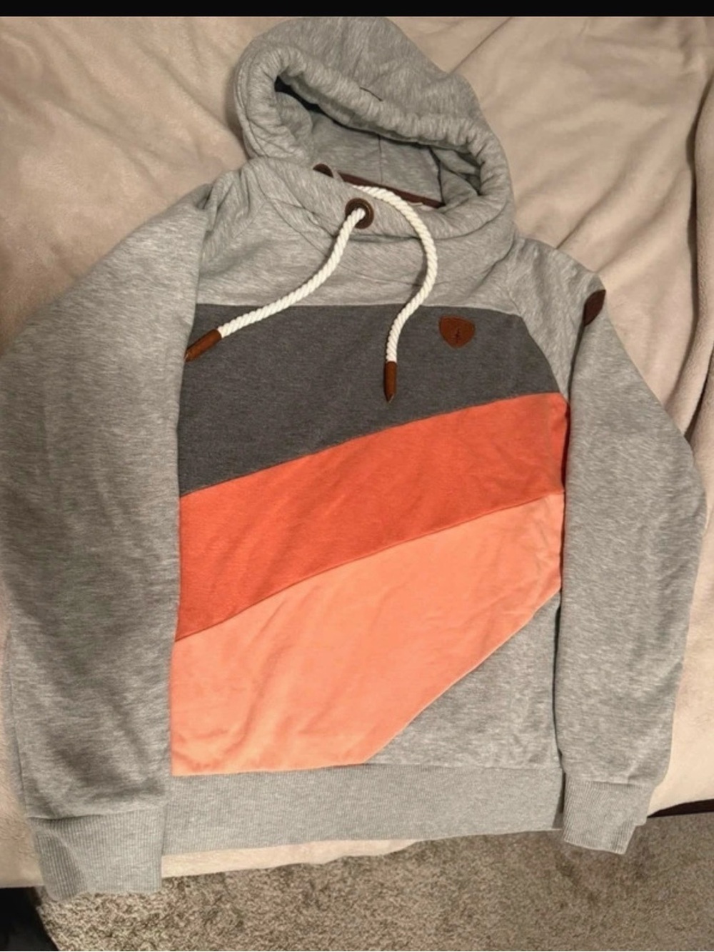 Women’s Wanakome Grey Hoodie with Coral and Dark Orange Chevron Panels